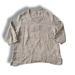 FLAX Linen Top Women's Medium Beige 3/4 Sleeve Casual Blouse Made‎ in Lithuania